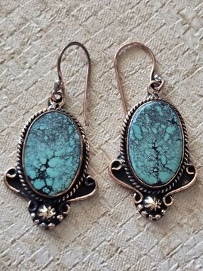 Tibetan Turquoise Dangle Earrings In Copper, Southwestern
